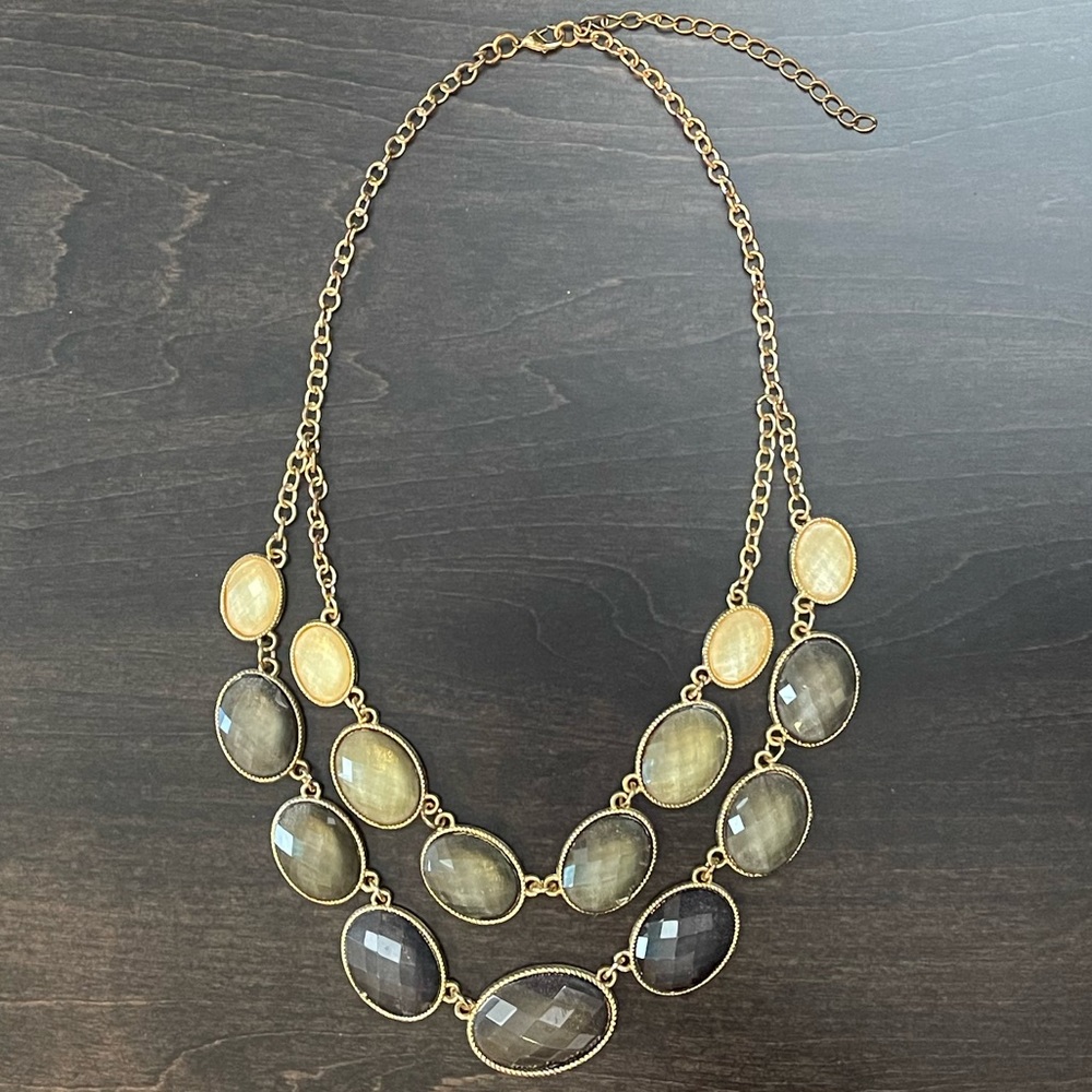 Statement Necklace. Gray and White Stones with Gold Tone Chain.